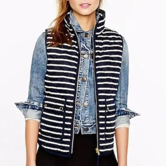 J.Crew S Puffer Vest Striped Nautical Navy White - Picture 2 of 16